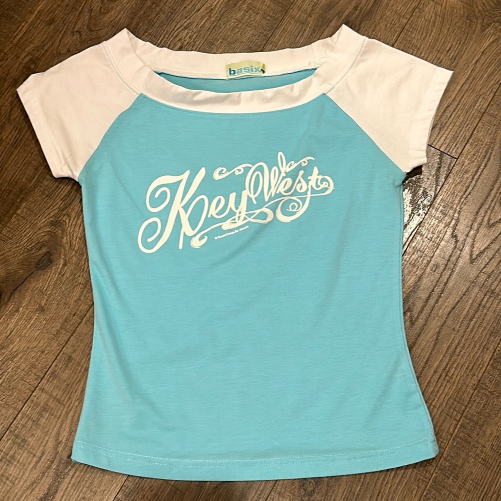 Short Sleeve Women’s T-Shirt Cotton Blend Key West Aqua Blue & White Medium